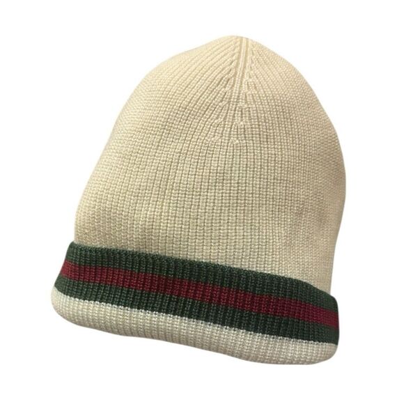 GUCCI Off White Ribbed Knit Wool Silk Blend Beanie Snow Cap Web Sherry Line Ex+ main image 8